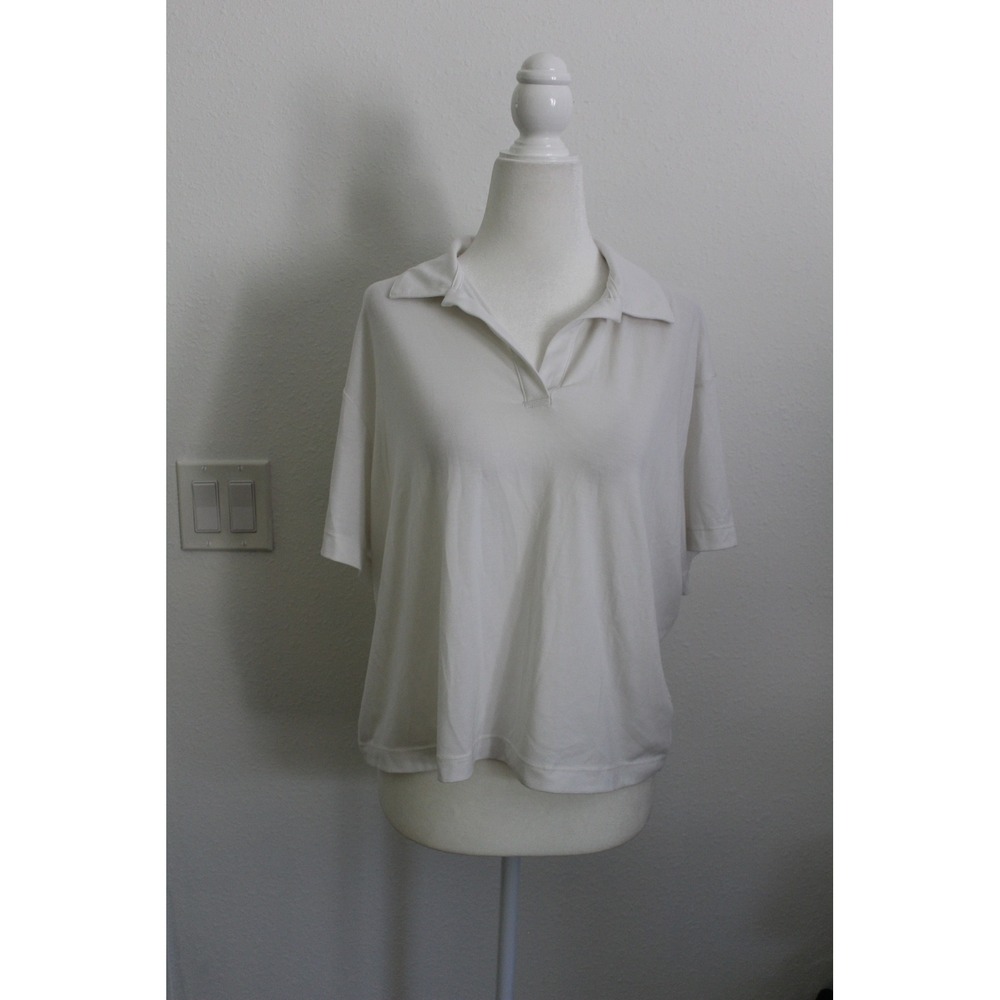 Free Fly Women's White Short Sleeve Split V-Neck Relaxed Polo Shirt Large